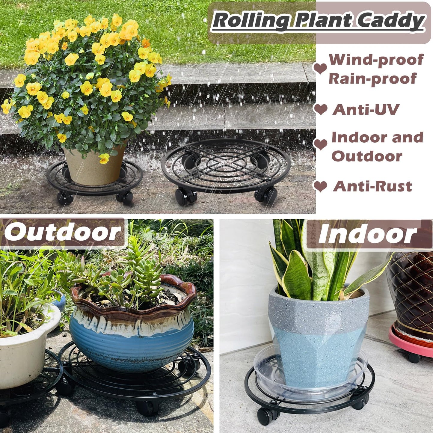 5 Packs 13.5" Metal Plant Caddy with Wheels Large Rolling Plant Stands Indoor Wheeled Plant Dolly Heavy-duty Planter Mover Roller Base Outdoor GardenTrolley Cart Water-proof, Plant Saucers on Wheels