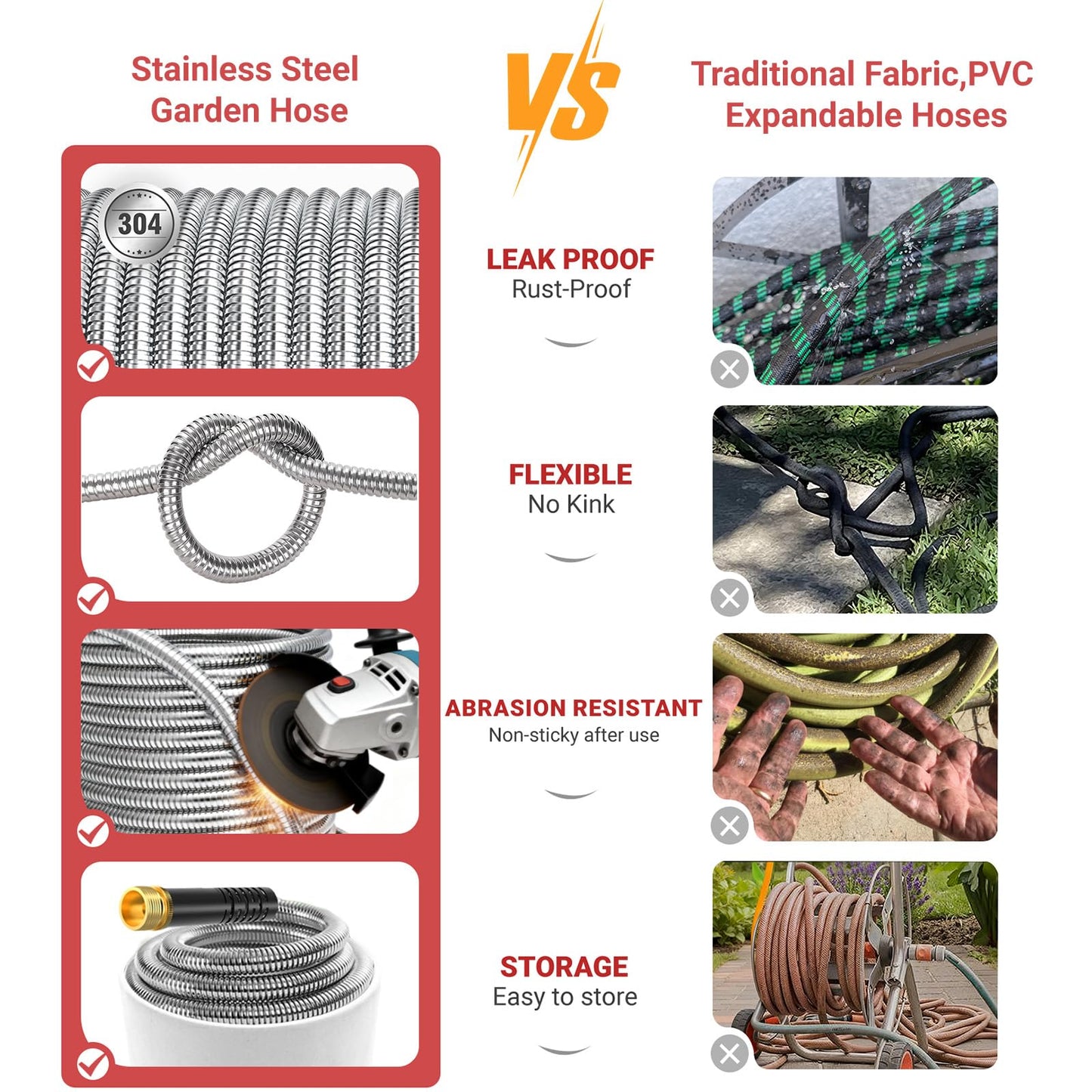 Lefree 100ft Metal Garden Hose - Heavy Duty 304 Stainless Steel Flexible Water Hose, No Kinks & Leak-Proof with Upgraded Handle, 10-Function Spray Nozzle & 4 Spare Gaskets for Yard, RV, Pet Bath