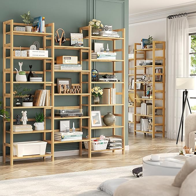 Homykic Bamboo Bookshelf, 71” Tall Triple Wide Bookcase