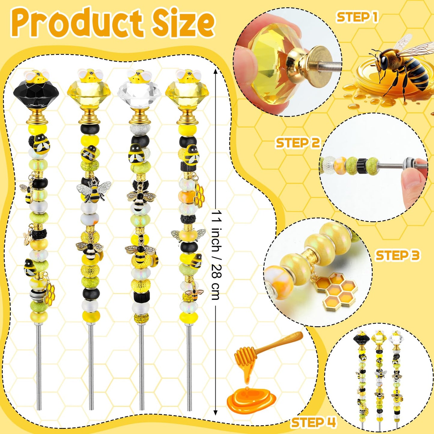 Lineshading 118 Pcs Bee Garden Stakes Fairy Wand DIY Beaded Stakes Garden Decor Includes 4 Crystal Stopper Top 10 Bee Pendant 68 Large Hole Beads 4 Threaded Rods 4 Pcs Nuts, for Craft Supply