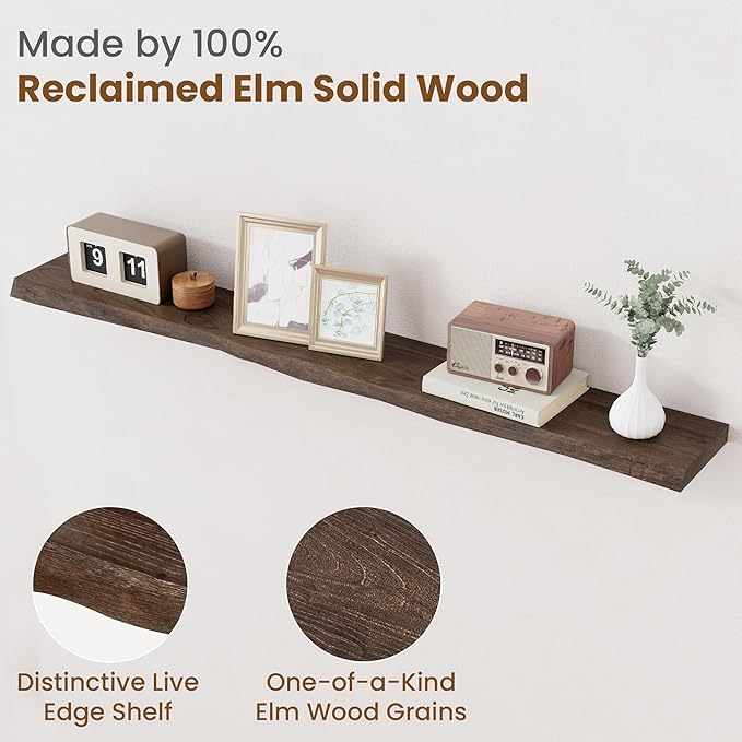 FLYJOE Floating Shelves for Wall Decor, Rustic Solid Elm Wood Live Edge