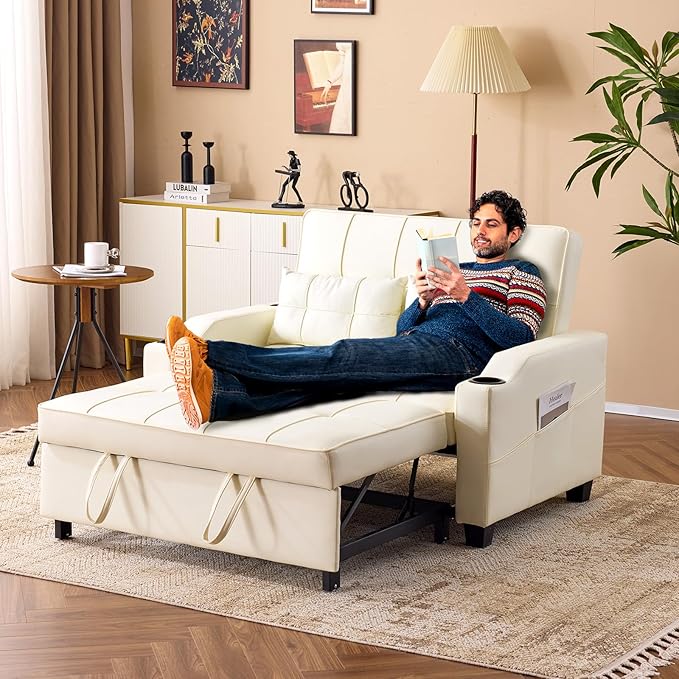 VINGLI Beige Futon Sofa Bed Convertible Loveseat Sleeper Couch, Faux Leather