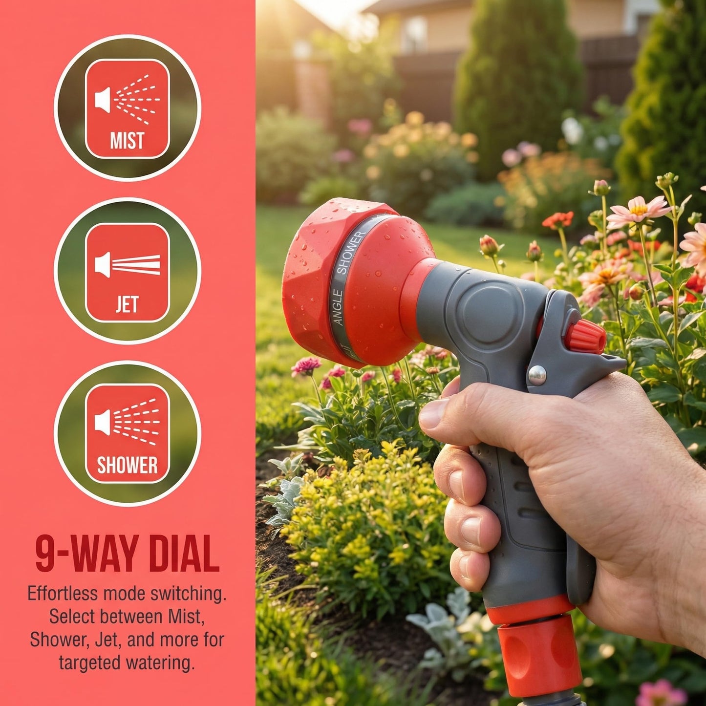 FXFOUCS Garden Hose Nozzle Sprayer-This High Heavy-Duty Spray Nozzle Offer 9 Watering Patterns for Watering Plants,Lawns &Gardens,Washing Cars,Household Cleaning and Showering Pets (Orange-grey)