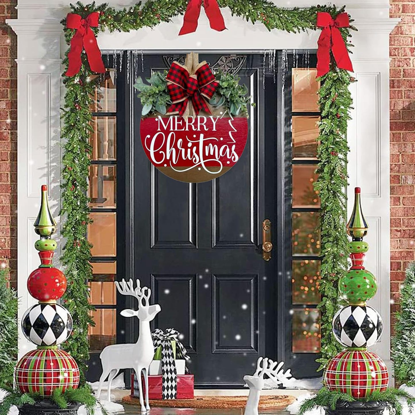 Merry Christmas Hanging Sign for Front Door, Wooden Welcome Wreath with Bow for Holiday Rustic Farmhouse Outdoor Wall Window Decor (Merry Christmas Wreath)