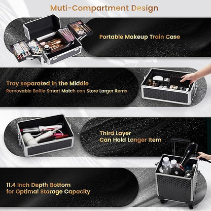 Stagiant Rolling Makeup Case Cosmetology Case on Wheels 4 in 1 Large Cosmetic Organizer Train Case Makeup Travel Case with Key Swivel Wheels Nail Artist Salon Storage Traveling Cart Trunk Black