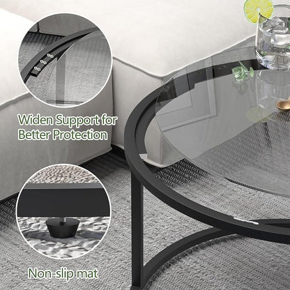 Round Coffee Table,Small Black Coffee Table for Living Room,27" Modern Center Table,Glass Top Clear Coffee Table with Sturdy Metal Frame for for Living Room Home Office, Easy Assembly,Black