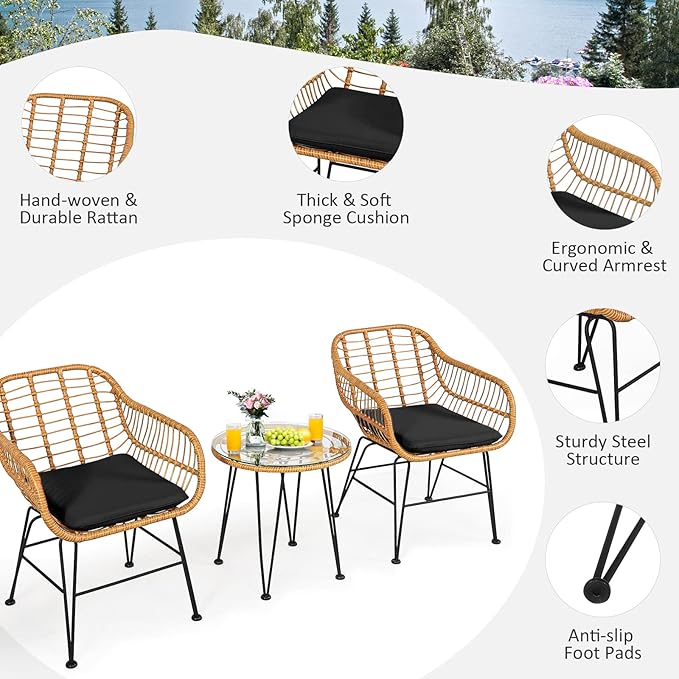 Tangkula 3 Pieces Patio Bistro Set, Rattan Conversation Set