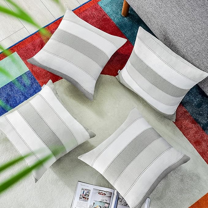 AmHoo Pack of 2 Farmhouse Stripe Check Throw Pillow Covers Set Case Cotton
