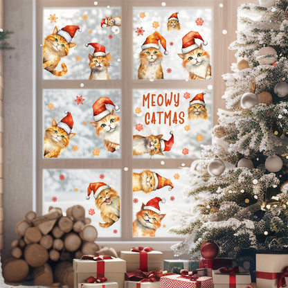 Christmas Window Clings Decoration Indoor Xmas Cat Stickers Double-Sided Merry Christmas Window Decals for Glass Windows Xmas Snowflake Decals for Winter Holiday Kids Bedroom Home Party Supplies