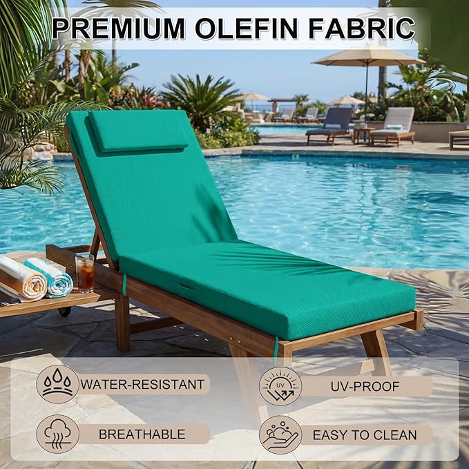 Outdoor Chaise Lounge Cushions, 71x21 Inch Olefin Water & Fade Resistant Pool