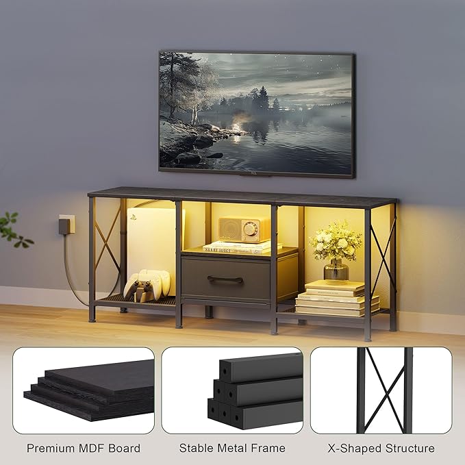 JARHETUN LED TV Stand with Fabric Drawer, Entertainment Center