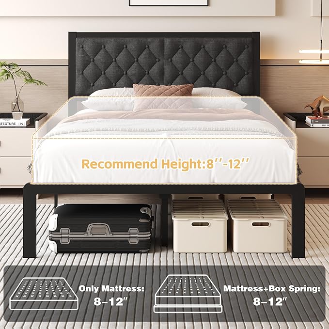 Fluest Full Bed Frame with Headboard Linen Upholstered Bed Frame Platform