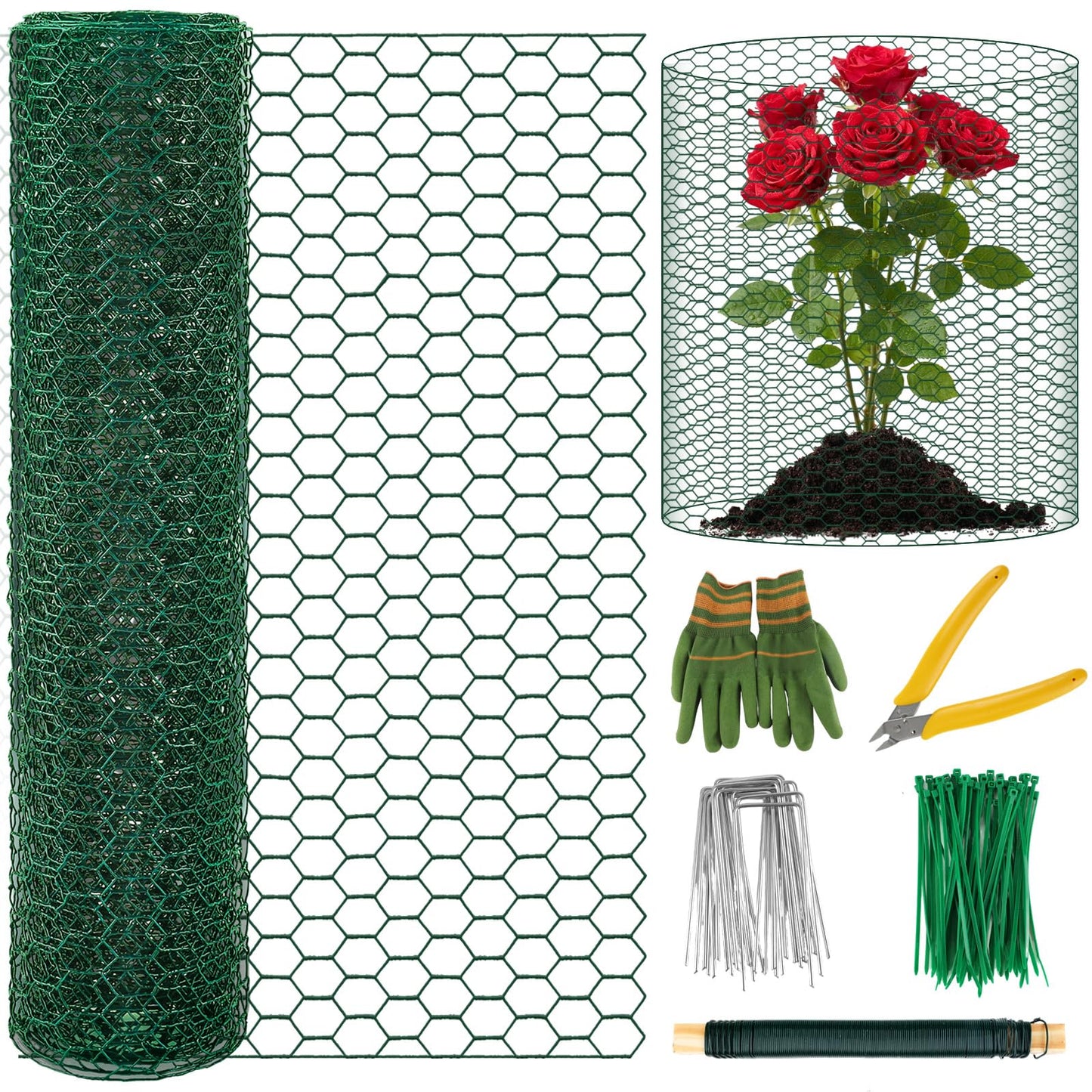 Convivium Plant Protectors from Animals, 0.8mm Free-Cut Green Chicken Wire Mesh, PVC Coated Tree Trunk Guard & Garden Fence for Outdoor Plants with Zip Ties, Stakes, Pliers, Gloves（16.4Ft*16In）