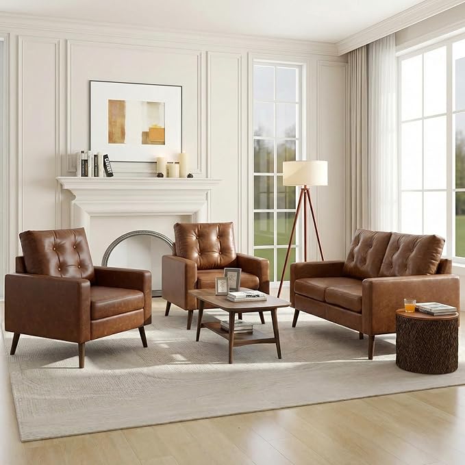 HNY Mid Century Modern 53" Loveseat Sofa, Comfy Upholstered Button Tufted Faux