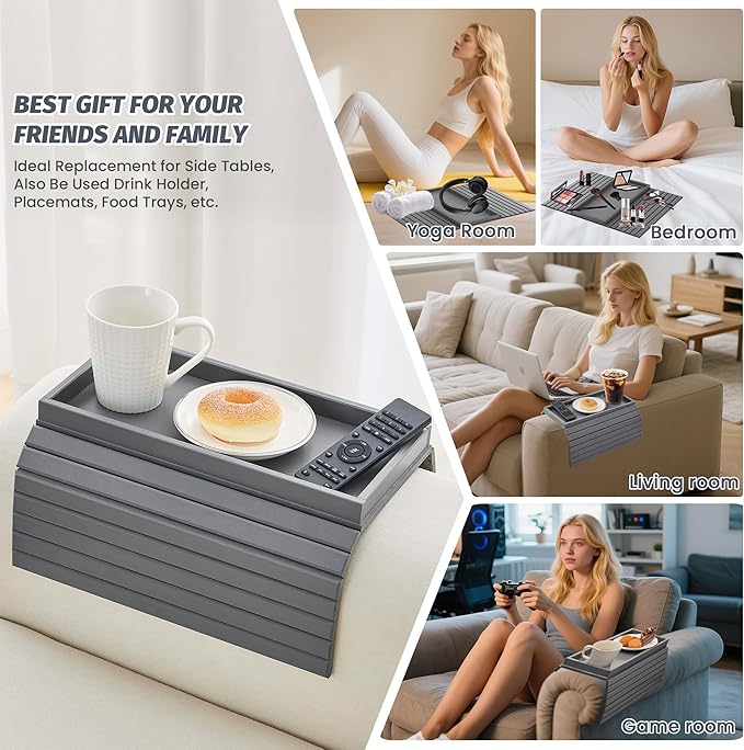 GEHE Bamboo Sofa Arm Tray, Foldable Couch Arm Tray Side Table, Anti-Falling