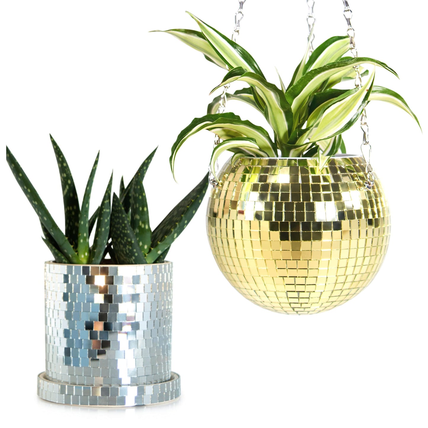SCANDINORDICA Disco Ball Planter 6" Gold with Chain and Macrame Hanger and Disco Ball Planter Pot 4.3" with Saucer (0.3x0.3 mirror tiles)