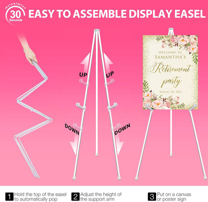 63" White Easel Stand for Wedding Sign Poster Display Easel Folding Art Easel for Floor Adjustable Metal Easel Instant Tripod Easel for Display Painting Wedding Shower Sign Easel, 1Pack