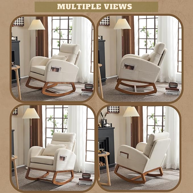VINGLI Beige Linen Nursery Rocking Chair