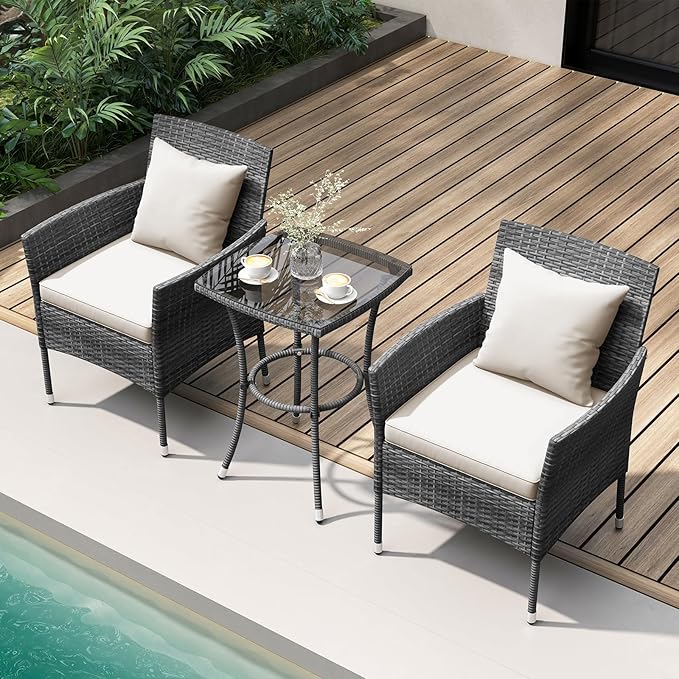 Tangkula 3-Piece Patio Furniture Set, PE Wicker Conversation Bistro Set w/A