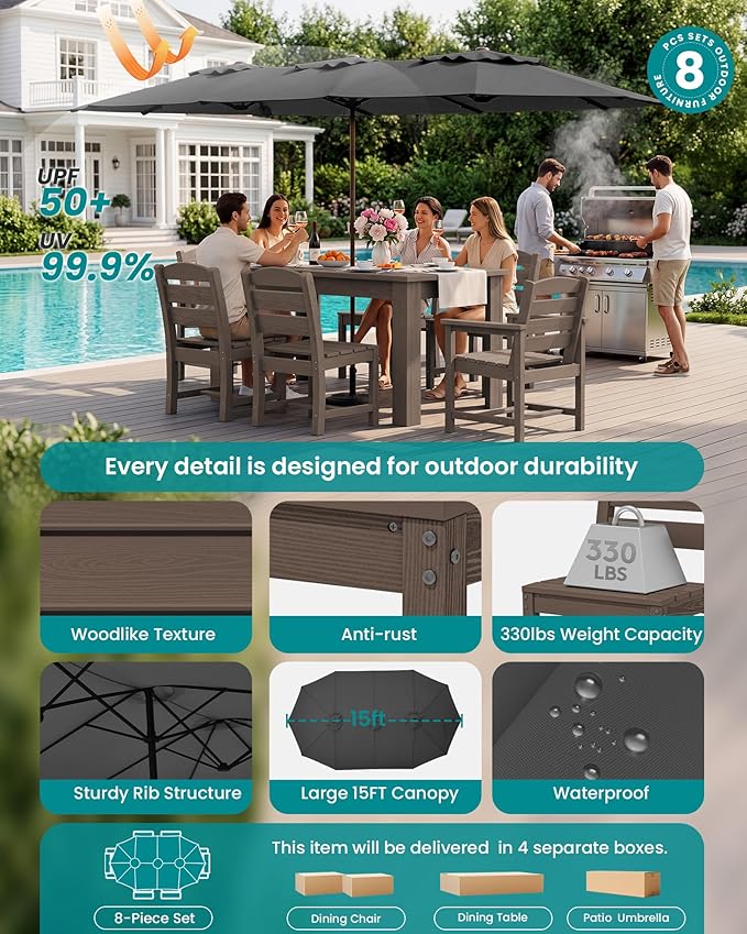 SERWALL Patio Dining Set with 15FT Double Side Umbrella, Outdoor Dining Sets