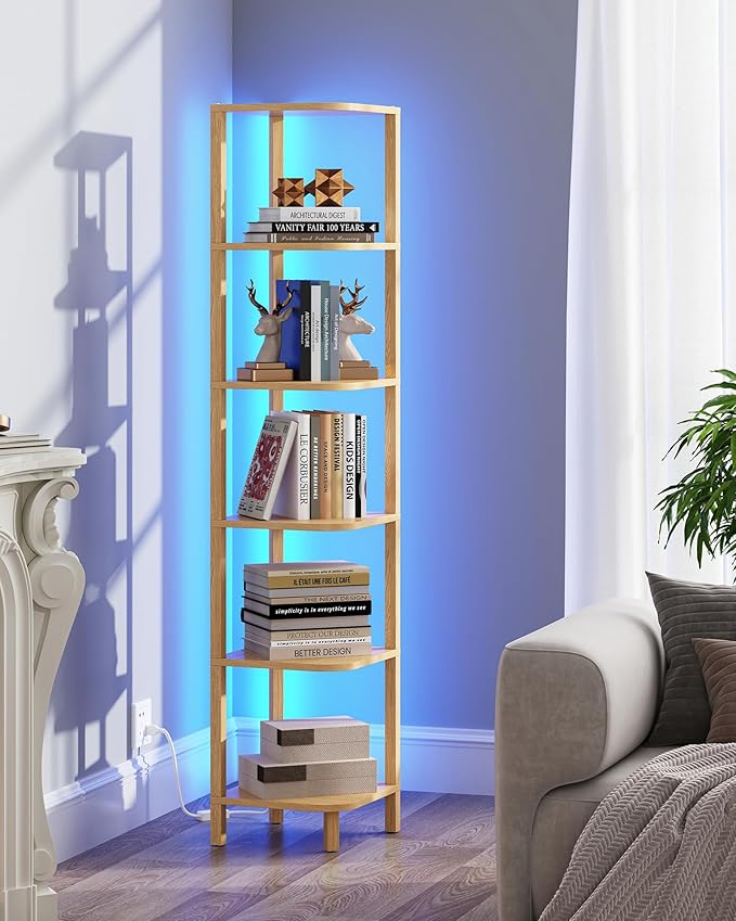 TUTOTAK Corner Shelf with LED Light, 6-Tier Corner Bookshelf