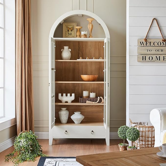 Farmhouse Arched Cabinet with Glass Doors, Wood Display Cabinet with Drawer and