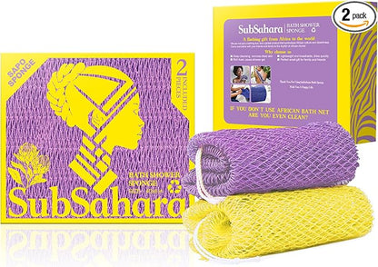 SubSahara Authentic African Net Sponge - 2 Pack Exfoliating Bath & Shower Loofah Sponge for Body & Face, Gentle Scrubber for All Skin Types, Travel, Durable (Lavender Purple & Bright Yellow)