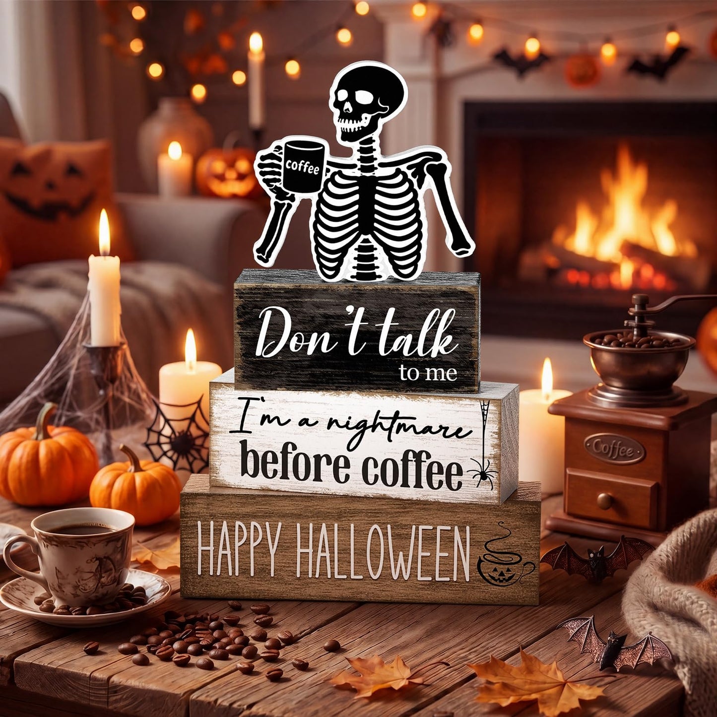 Marsui 4 Pcs Halloween Coffee Bar Decorations Skeleton Nightmare Before Coffee Tabletop Decor Funny Gothic Wooden Sign Block Halloween Table Centerpiece for Home Indoor Office Shelf Tiered Tray Decor