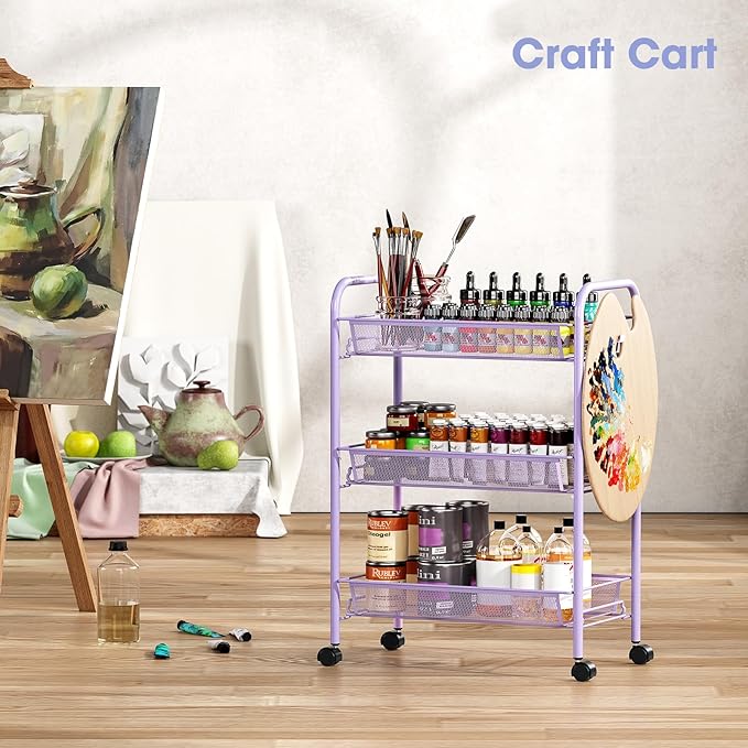TOOLF 3-Tier Metal Rolling Cart, Mesh Wire Easy Assemble Utility Cart, Storage