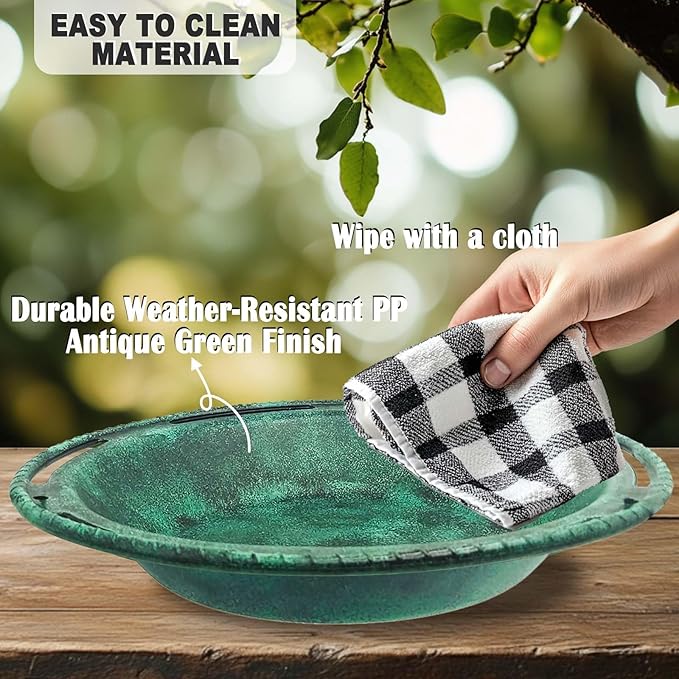 Hanging Bird Bath & Feeder Bowl, 12 in Outdoor Bird Bath with Chains, Durable Weather-Resistant PP, Antique Green, Backyard Garden Decor