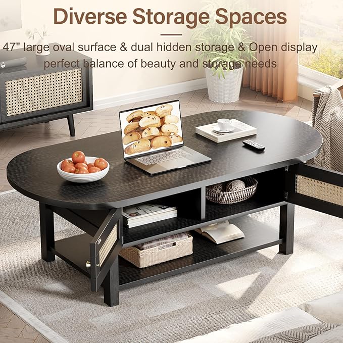 LVB Rattan Coffee Table, Boho Wood Living Room Table