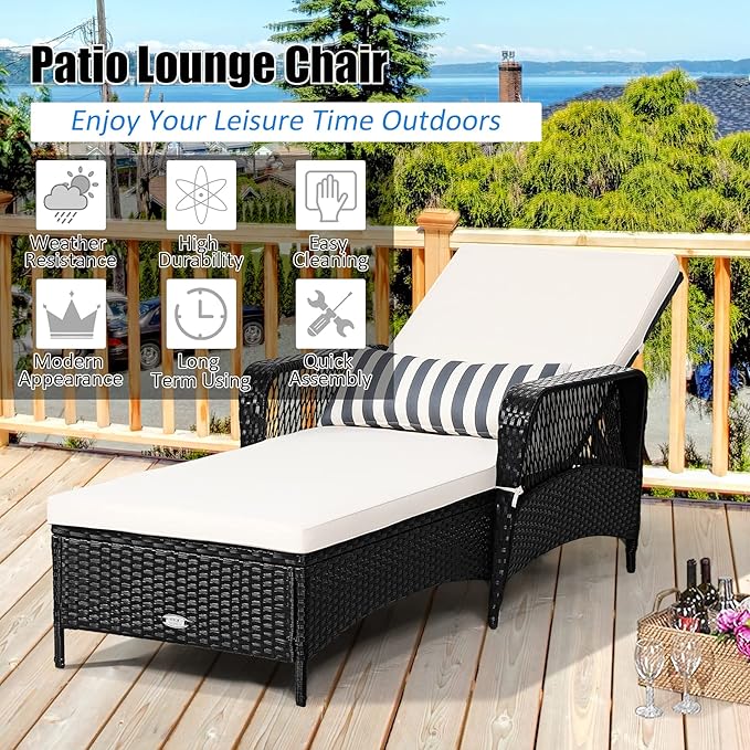 COSTWAY PE Rattan Chaise Lounge Chair Armrest Recliner Adjustable Pillow Black