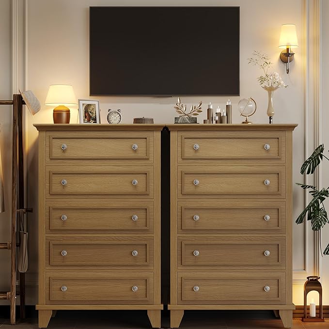 IDEALHOUSE 5 Drawer Dresser, Wooden Storage Chest of Drawers