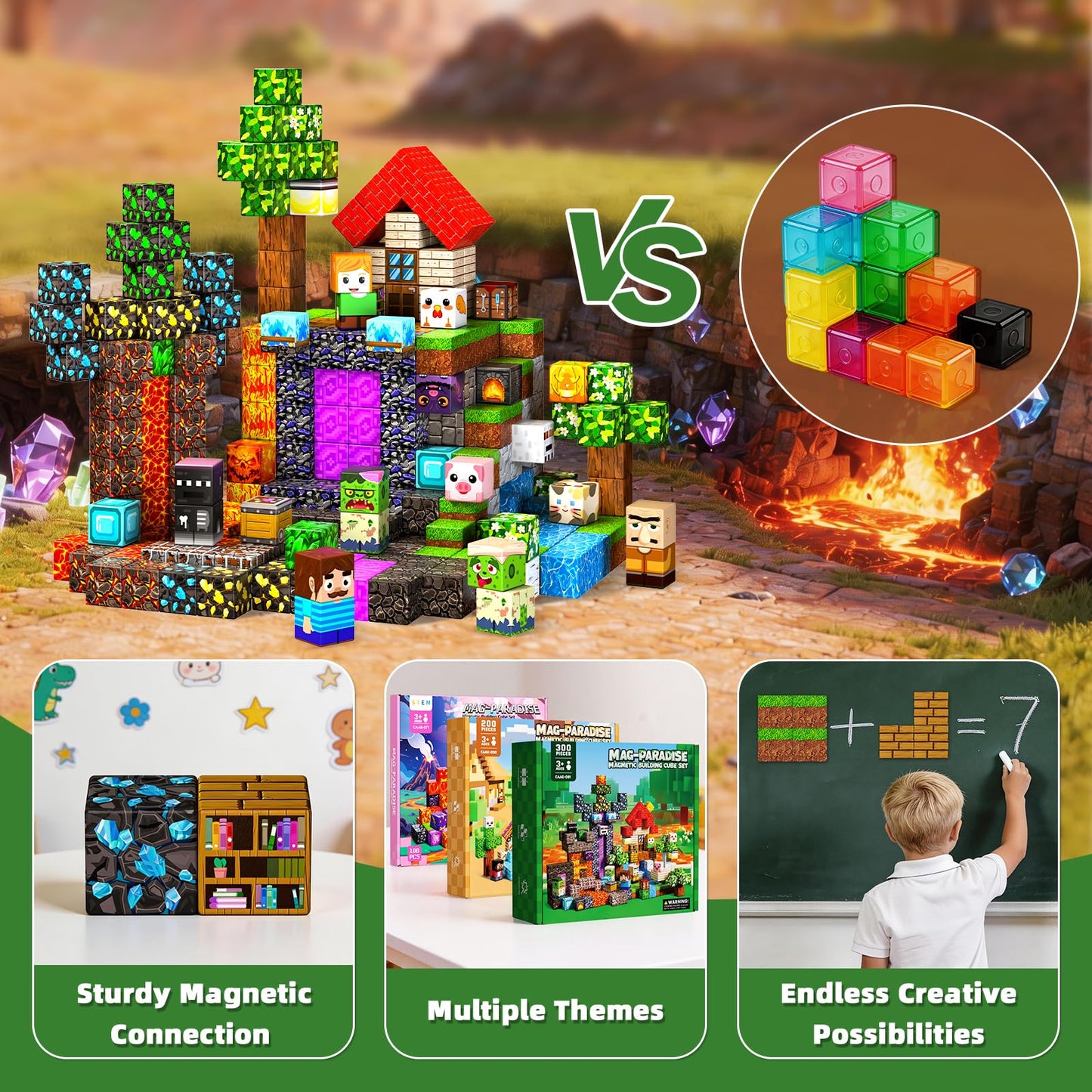 300PCS Magnetic Blocks, Magnetic Building Cube Set for Kids Ages 3+, Constructions STEM Stacking Tiles Toy Building Birthday Gifts for Boys Girls
