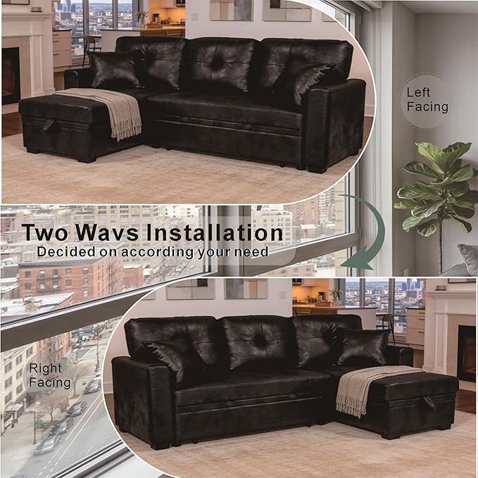 L Shaped Sectional Couch with Storage and Pull Out Bed, 3 Seater Sleeper Sofas