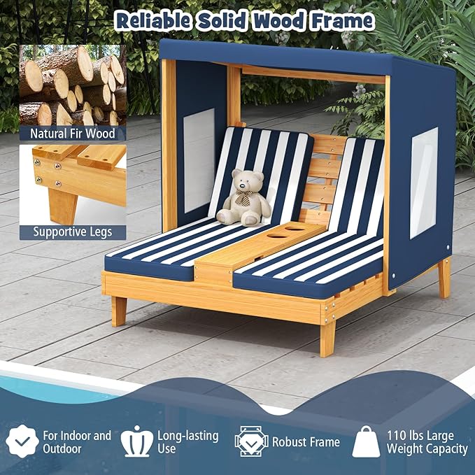 HONEY JOY Kids Chaise Lounge Chair Outdoor, Toddler Wood Double Pool Lounger