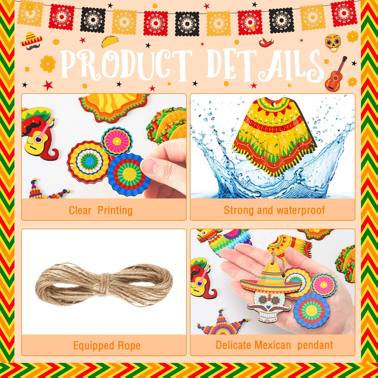 Maitys 24 Pcs Cinco De Mayo Tree Decorations Mexican Fiesta Wooden Ornaments Cinco De Mayo Tree Ornament Mexican Hanging Decoration for Holiday Party Supplies Outdoor