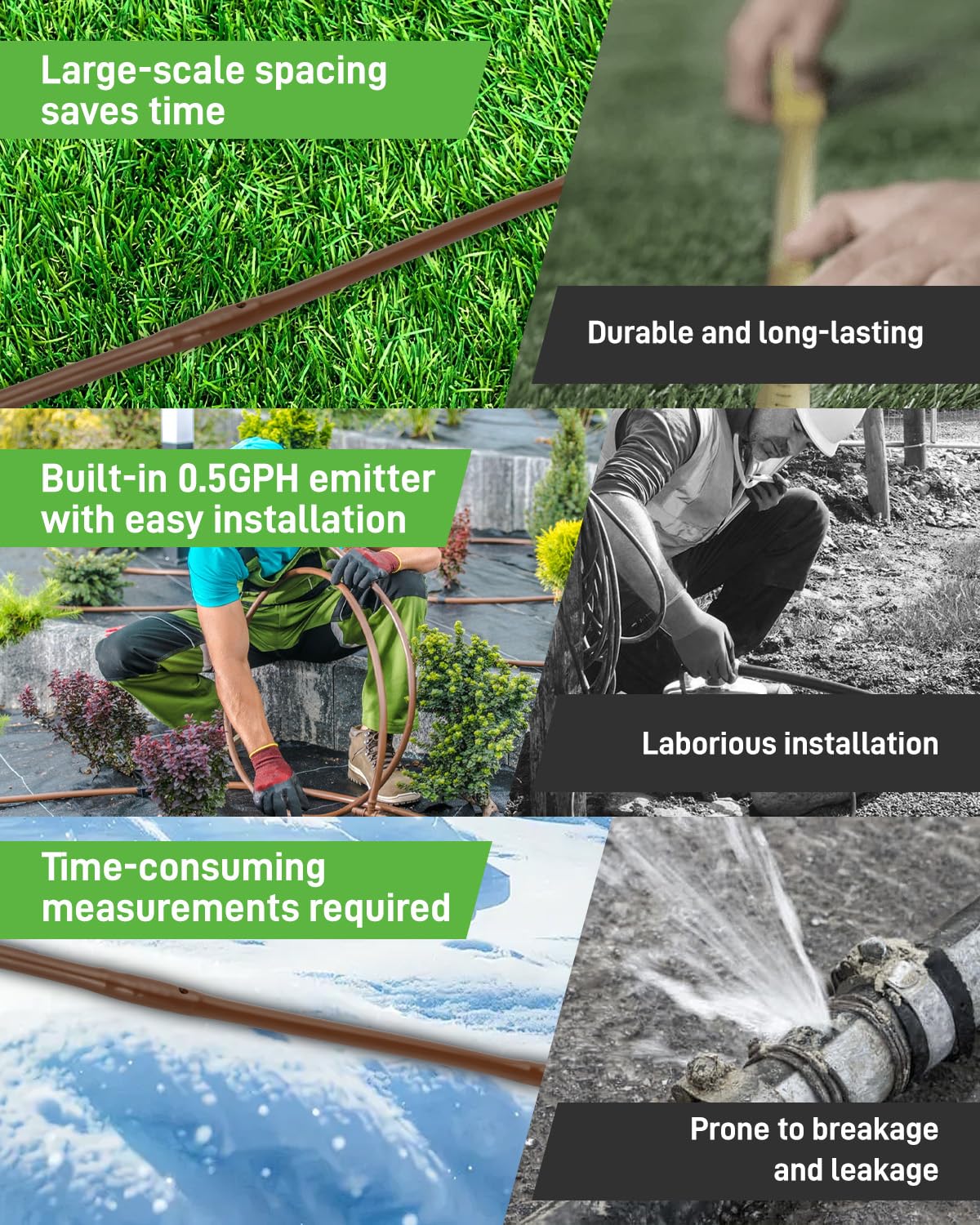 1/4" Drip Irrigation Tubing with 6" Emitter Spacing, (650 Ft Roll) Hydroponics Dripline with Built-in 0.5 GPH Dripper, Saving 80% Water, Drip Line for Garden Irrigation and Raised Beds (Brown)