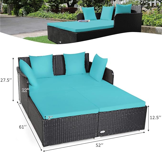 COSTWAY Outdoor Patio Rattan Daybed, Sponge Cushioned Loveseat Sofa