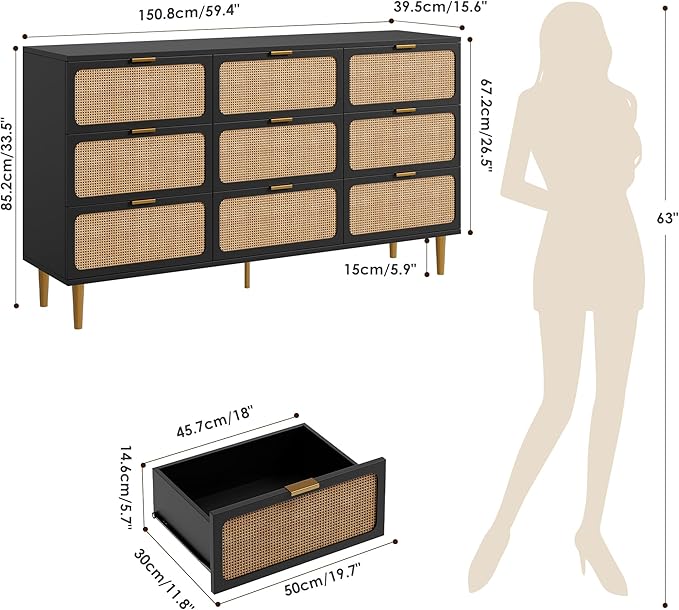 GarveeHome Rattan 9 Drawer Dressers