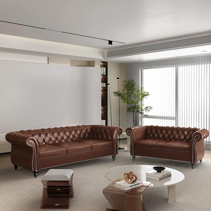 ORRD 2 Piece Living Room Set, Chesterfield Leather Sofa Loveseat Couch
