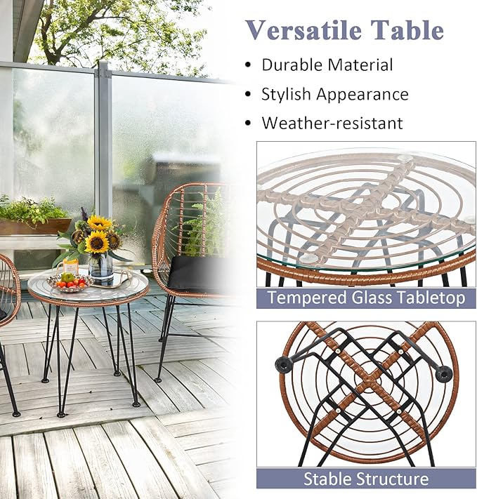 Tangkula 3 Pieces Patio Conversation Bistro Set, Outdoor Wicker Furniture