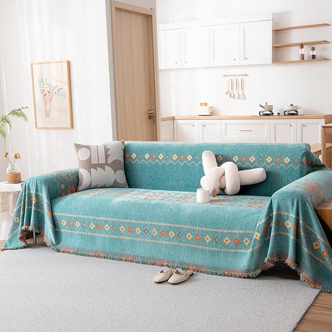 DREAMINGO Teal Boho Couch Cover Jacquard Chenille Sofa Covers Washable 3 Seater