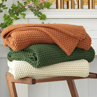 Chunky Cable Knit Throw Blanket Lightweight Cream 100% Organic Cotton Blanket for Sofa Couch Bed Baby Nursery, Rustic Shabby Chic Modern Farmhouse, 51” x 63” Give Laundering Bag