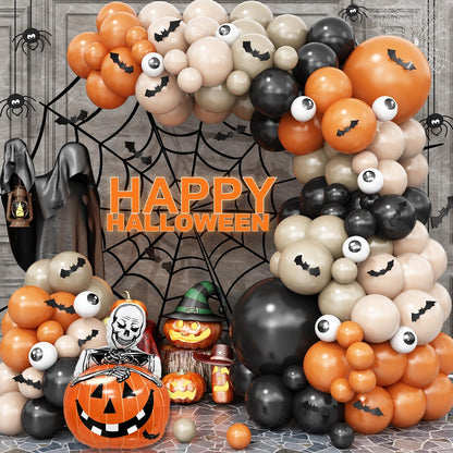 Halloween Balloons Arch Black Orange Beige Balloons Garland Halloween Birthday Party Decorations Orange Black Nude White Sand Latex Balloons with Pumpkin Foil Balloon Eye Print 3D Bat Stikers Decor