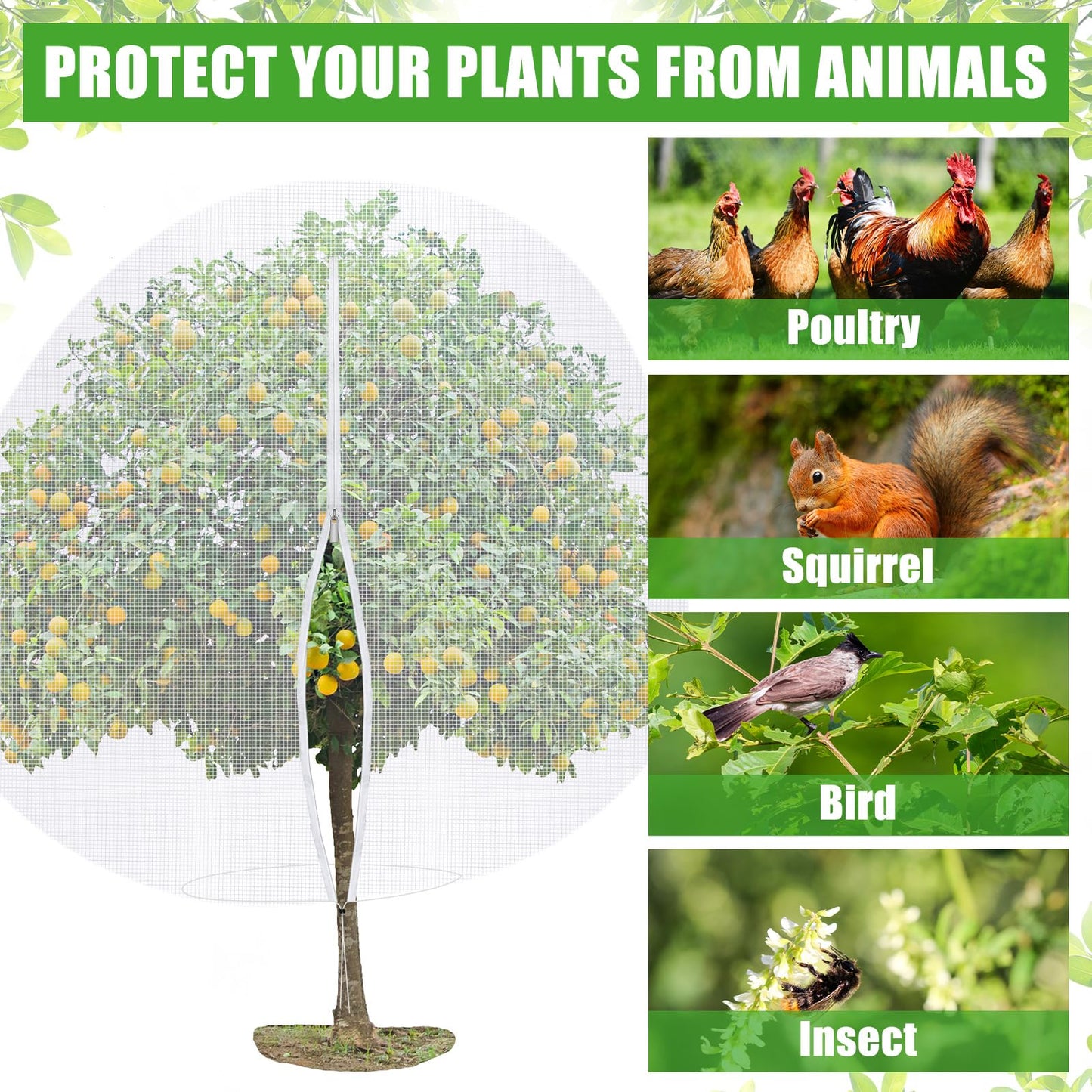 Vincreem 12 x 12 ft Large Fruit Tree Netting for Protecting Fruit from Squirrels Birds Bug Deer & Rat Garden Mesh Netting with Zipper and Drawstring Heavy Duty Tree Covers for Garden Bushes