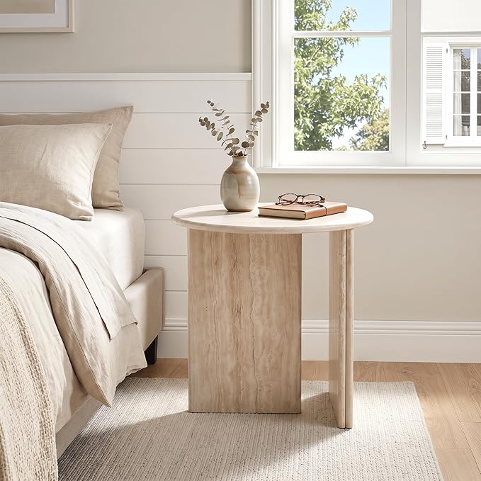 HNY Small Round Side Table Marble Veneer Wood Bedside Table 18" Modern End