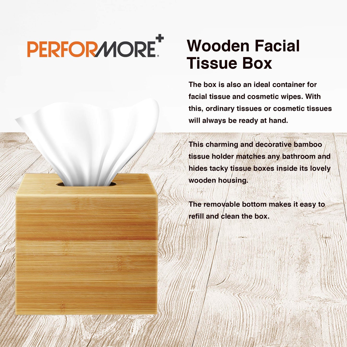 Performore Square Bamboo Tissue Box Cover - Stylish Water-Resistant Wooden Facial Tissue Holder for Bathroom, Office Desk & Nightstand - Compact 6.3" x 5.51" x 5.51" Design