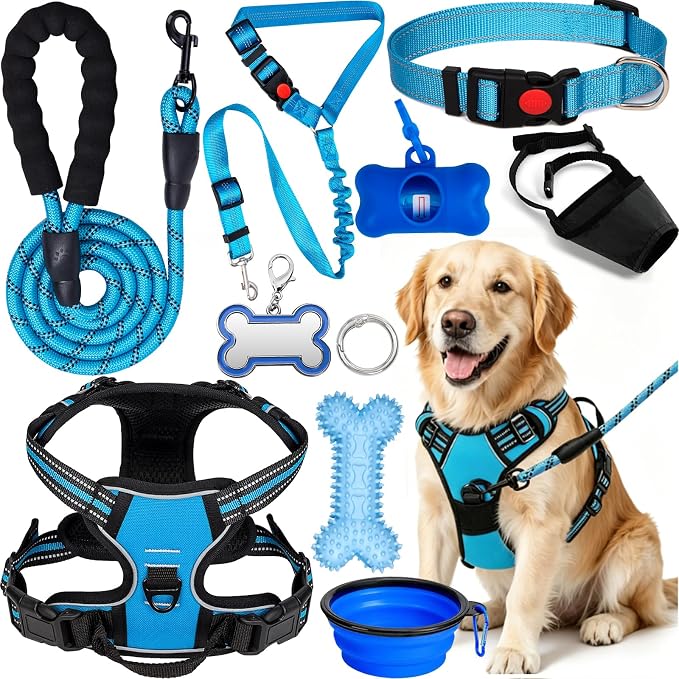 No Pull Dog Harness Adjustable Collar & Leash Set - Dog Halter Harnesses Collapsible Bowls & Poop Bag Dispenser Muzzle ID Tags Toys Fits Small Medium Large Dogs (Blue-L)