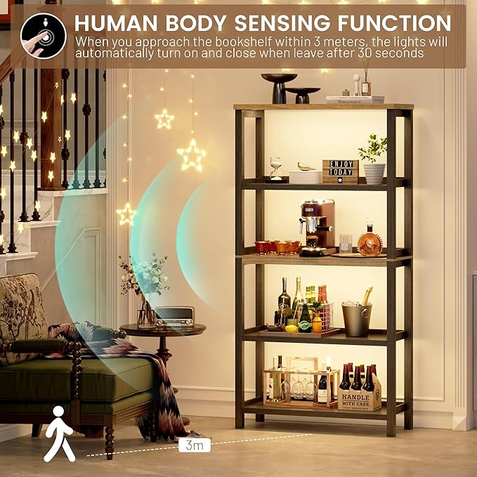 Vlsrka Wooden Bookshelf with Lights, 5 Tier Bookshelf with Storage, Tall